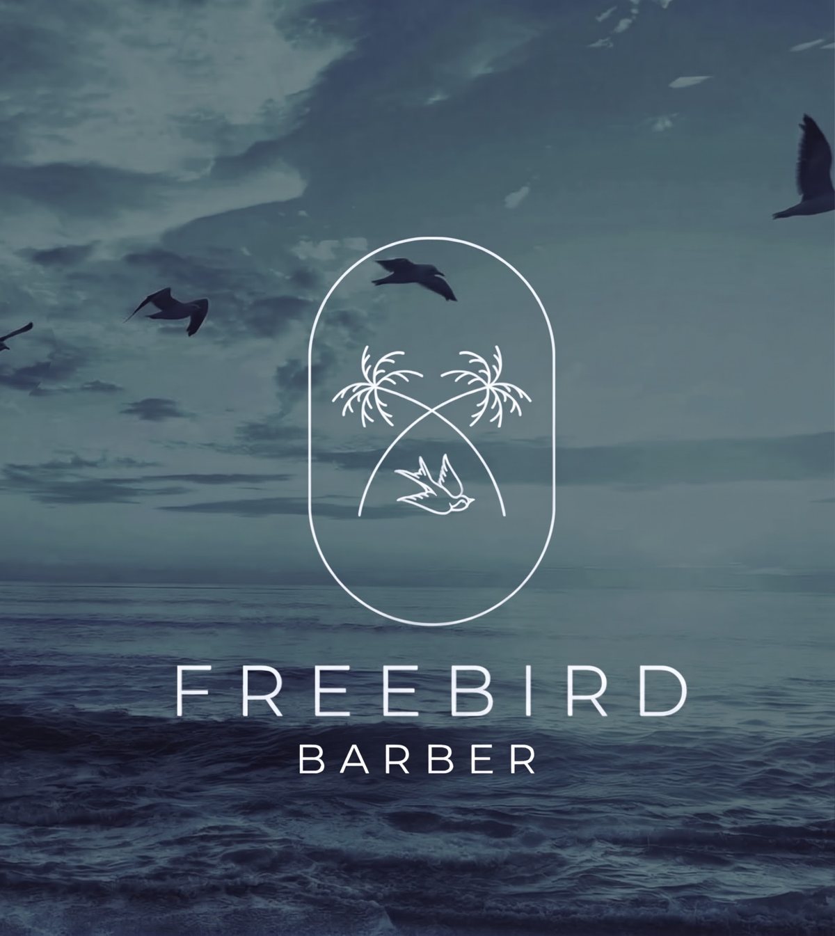 Freebird Barber logo with seagulls over the ocean